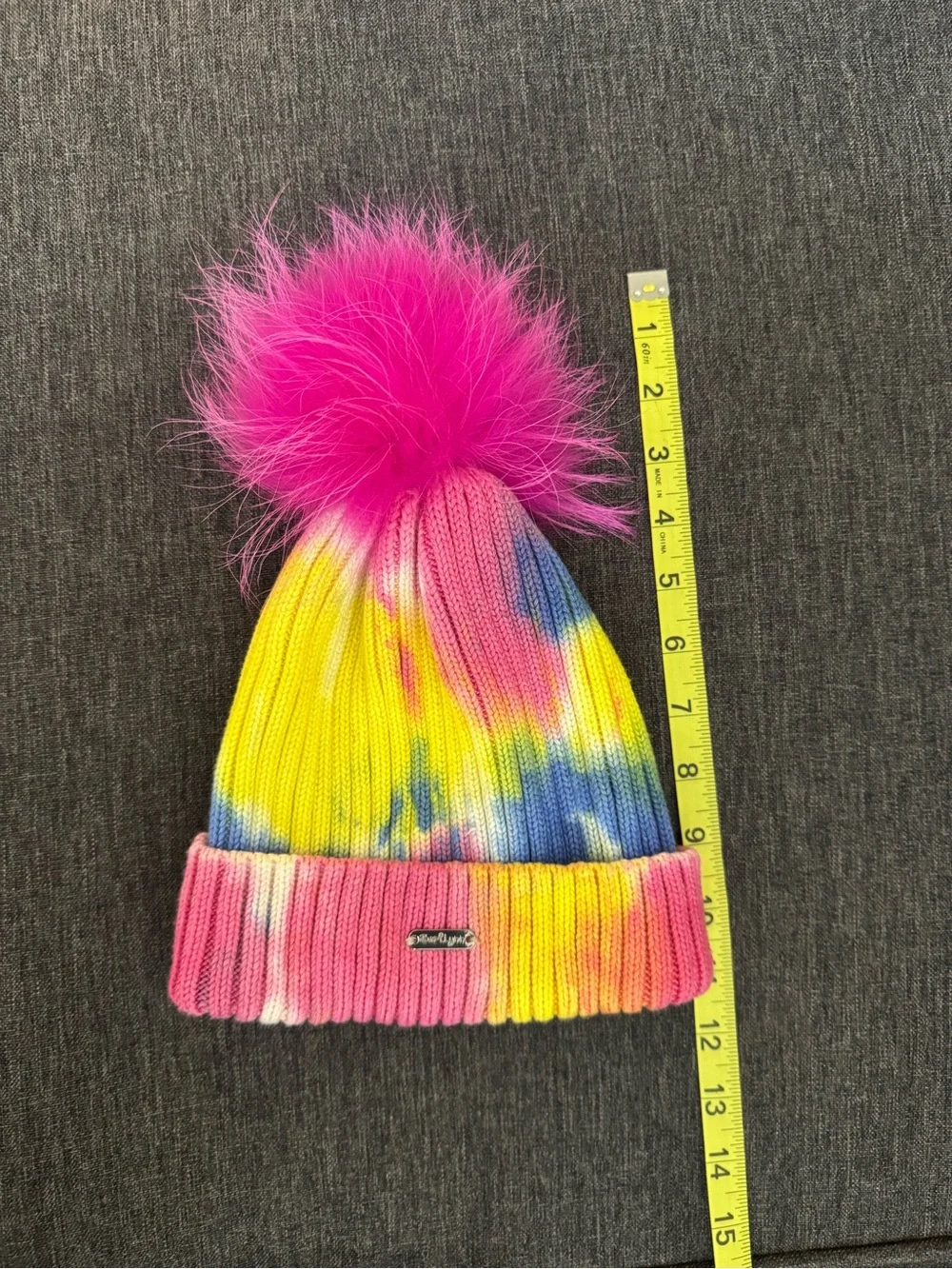 BARI LYNN  Girl's Rib Knit Tie-Dye Beanie with Faux  Fur Pompom